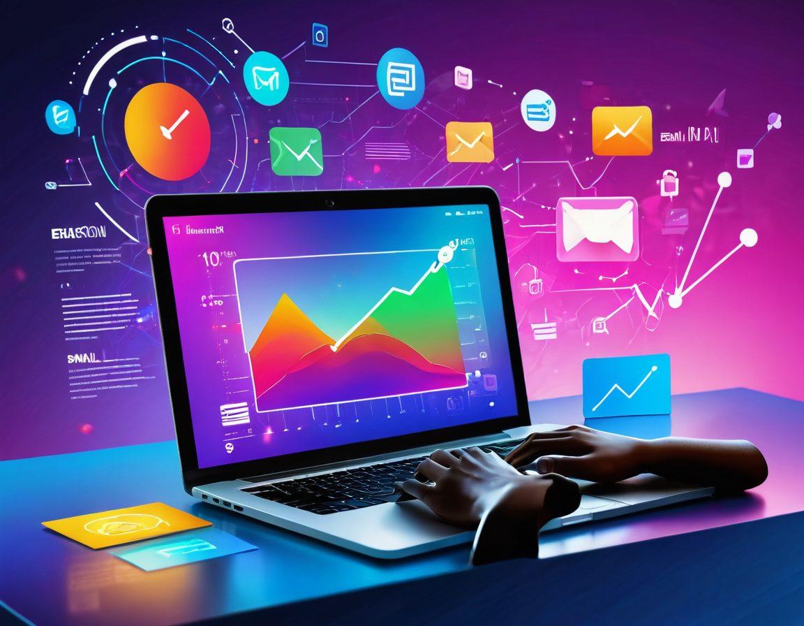 A dynamic visualization of a digital dashboard showcasing email engagement metrics, with vibrant graphs and charts demonstrating strategies in action. Include a person analyzing data on a laptop, surrounded by floating icons representing email, analytics, and engagement. The background features a colorful gradient representing innovation and creativity. super-realistic. vibrant colors. 3D.