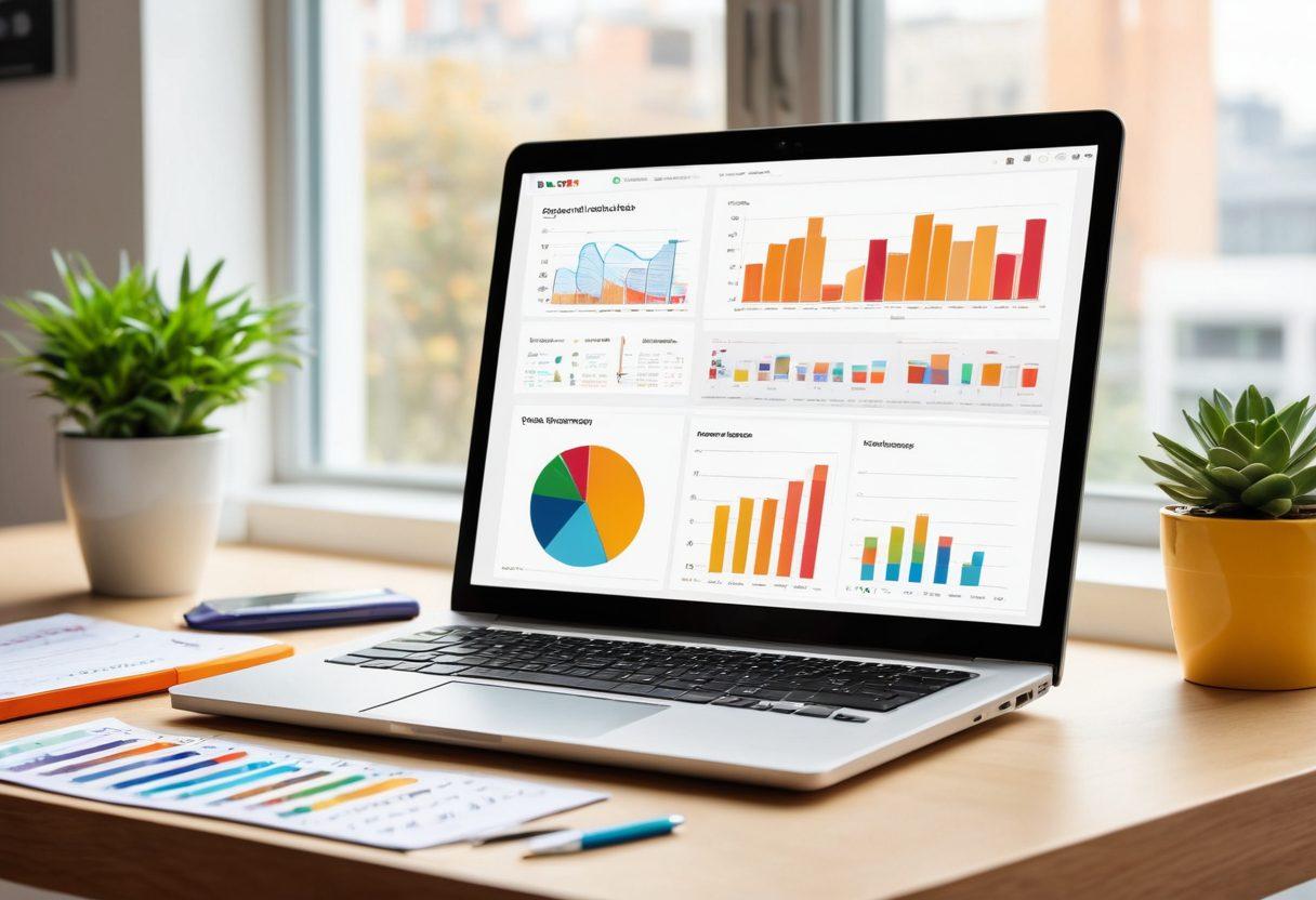 A sleek modern workspace showcasing an open laptop with an email marketing dashboard on the screen, surrounded by colorful charts and graphs depicting growth in email outreach. Include an inviting coffee cup and a notepad filled with brainstorming notes, all set against a bright, airy office background with large windows letting in natural light. super-realistic. vibrant colors. white background.