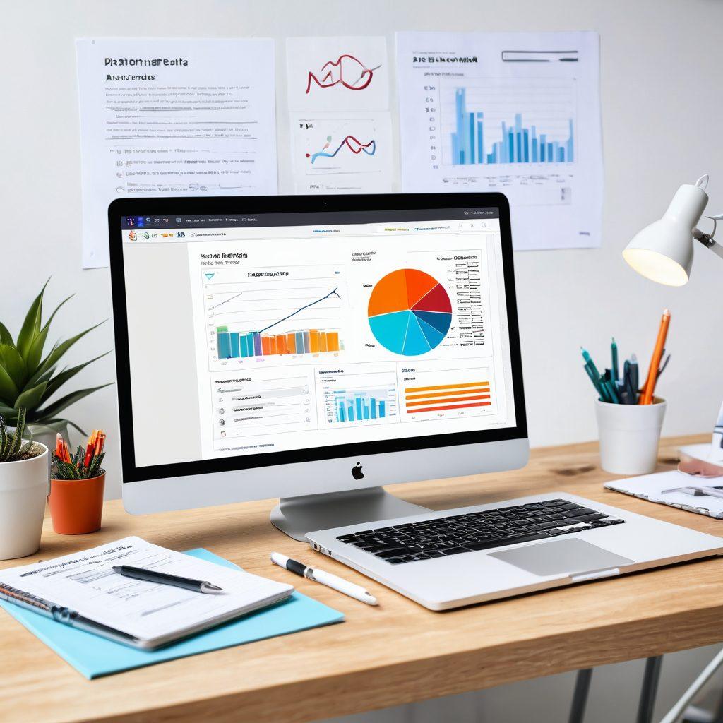 A visually engaging workspace featuring a laptop displaying an email marketing dashboard, vibrant graphs indicating high engagement, and a notepad with handwritten marketing strategies. Surround the scene with symbols of success like a light bulb, upward arrows, and engaging content features. Utilize a modern and clean design aesthetic with bright colors to convey energy and innovation. super-realistic. vibrant colors. white background.